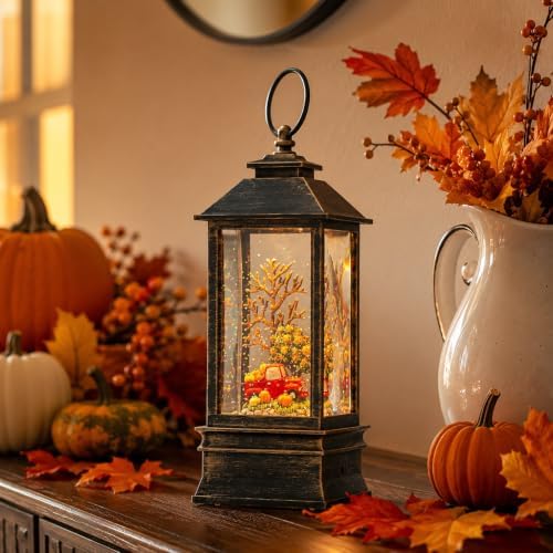 10'' Fall Snow Globe Lantern, Thanksgiving Lighted Lantern, Swirling Glitter Snow Globe for Fall Harvest Day Decorations, Home Fall Decor Gift (Truck&Pumpkins)