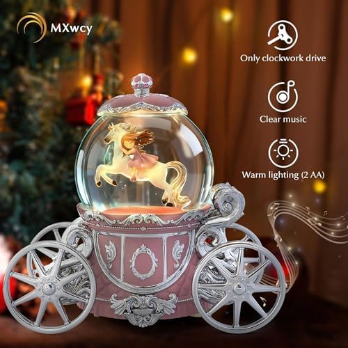 Unicorn Princess Carriage Snow Globe Music Box, 7" Pink Light Up Musical Snow Globe with La Vie en Rose Melody, Rotating Glitter Globe Decor for Girls Women, Birthday Christmas Valentine's Day Gift