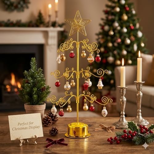 HOHIYA 24" Rotating Ornament Display Tree 36-Hook Metal Gold Stand