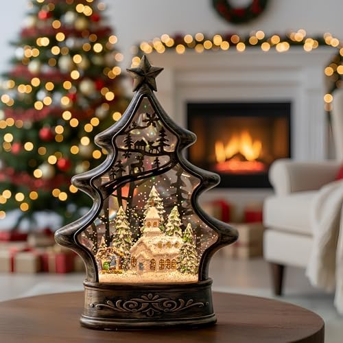 Musical Snow Globe Christmas Tree Lantern Lighted Church with Nativity Manger Scene Water Lantern in Swirling Glitter, Christmas Home Decoration and Gift, Battery Operated or USB Powered