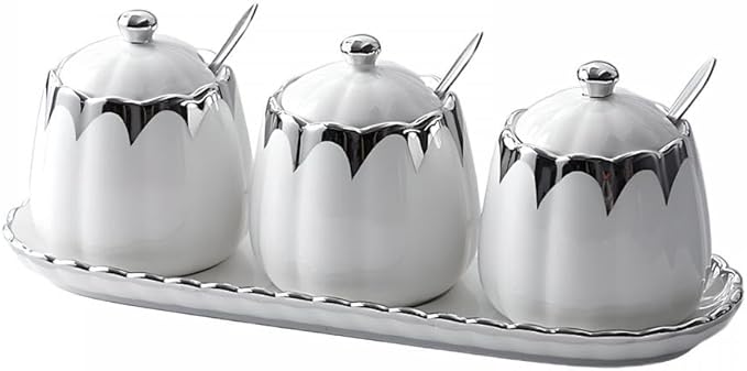 Porcelain Condiment Jar Spice Container with Lids, Spoon and Tray, Set of 3,Modern Spice Box Seasoning Jar for Your Home, Kitchen, Counter (White silver)