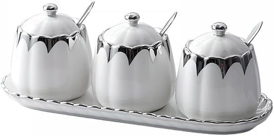 Porcelain Condiment Jar Spice Container with Lids, Spoon and Tray, Set of 3,Modern Spice Box Seasoning Jar for Your Home, Kitchen, Counter (White silver)