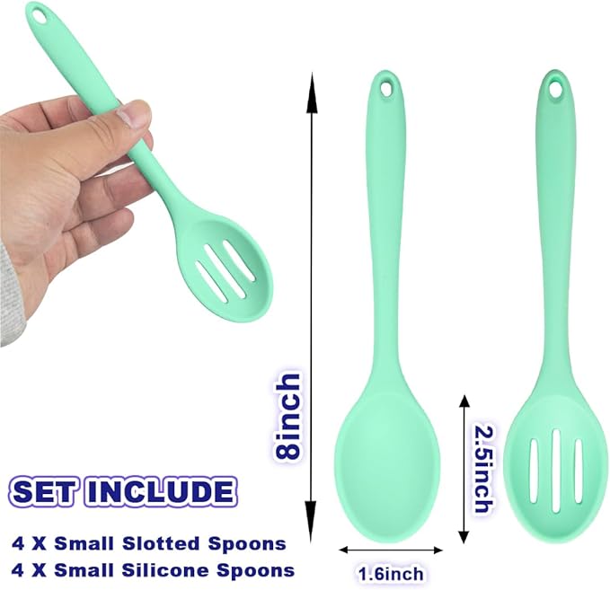 8 Pcs Heat Resistant Non Stick Silicone Serving Spoons Set -Ideal for Cooking, Baking, Mixing, Stirring Includes Slotted & Solid Spoons, Design for Nonstick Cookware (Green)