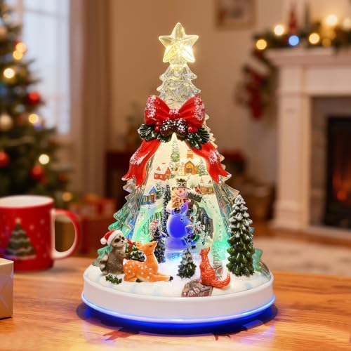 12.8" Animated Christmas Village Crystal Tree with Rotating Skiing Snowman and Lights, Auto 6H Timer and 8 Melodies, USB-DC/Battery Powered Christmas Decorations Collectible Buildings