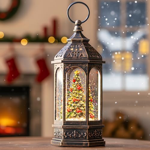 Lighted Christmas Tree Cardinal Music Snow Globe Water Lantern with Swirling Glitter Decoration for Christmas Home, Living Room, Battery Operated or USB Powered