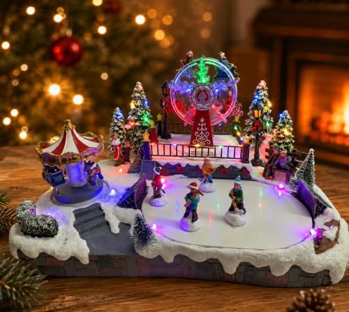 Christmas Village, Animated Carnival Led Rotating Carousel, Rotating Ferris Wheel & Ice Skating Rink
