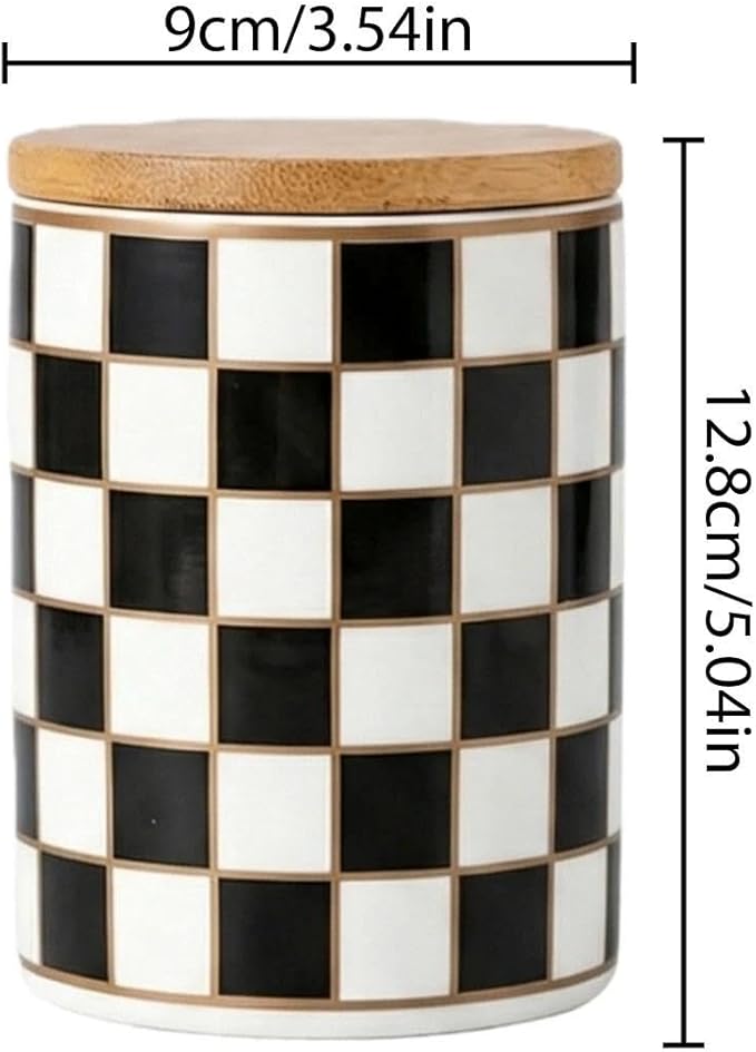 1 Piece Ceramic Coffee Canister, Airtight Coffee Container with Lid for Kitchen Storage (12.8x9cm, Black Checkered)