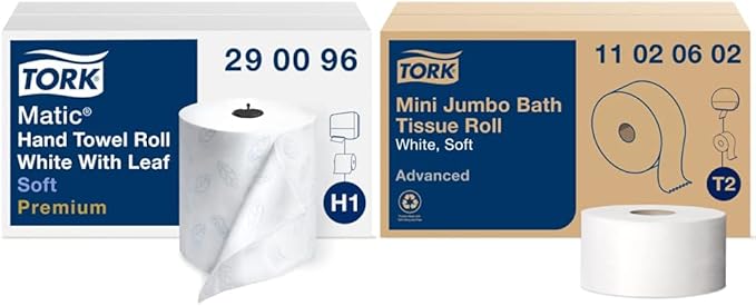 Tork Matic Soft Hand Towel Roll & Mini Jumbo Bath Tissue Roll - Toilet Paper Towels with Advanced Soft Quality, Compatible with T2 Dispenser, 12 rolls x 1075, 2-Ply Sheets, Color: White, 11020602