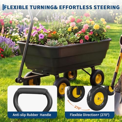 Heavy-Duty 1200 lb Poly Garden Dump Cart with 180° Adjustable Handle, Quick-Release Dump & All-Terrain Utility Wagon – Black Bucket with Yellow Rims