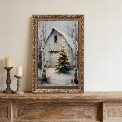 Rustic Christmas Barn Poster Winter Farmhouse Snow Landscape Wall Art