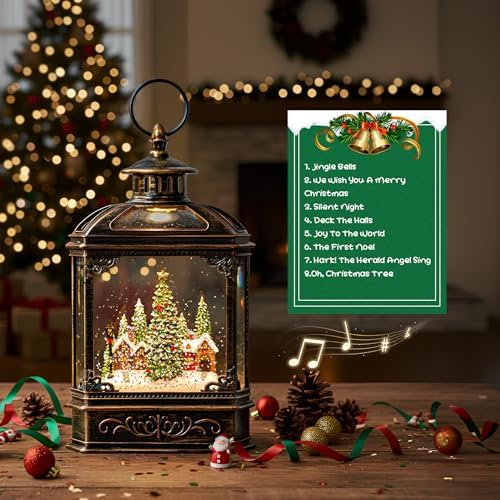 Christmas Village Snow Globe Lantern Musical Lighted Village House Water Lantern in Swirling Glitter, Christmas Home Decoration and Gift, Battery Operated or USB Powered
