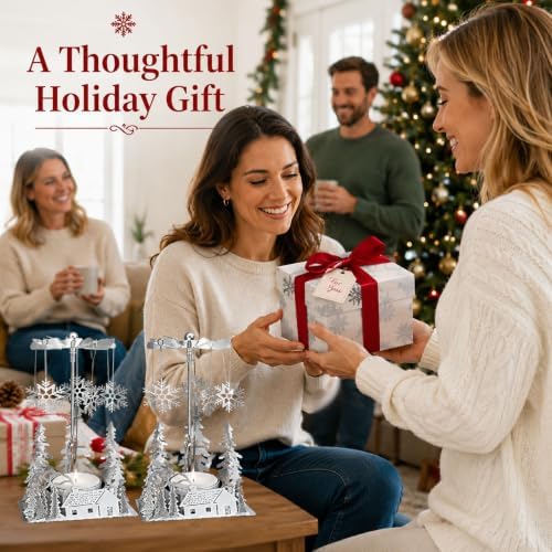 Winter Cabin Holiday Silver Candle Spinners Set of 2 – Silver Plated Laser Cut Christmas Cabin Scene Tea Light Candle Holders with Snowflake Charms – 5" Holiday Tabletop Décor