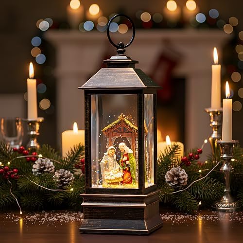 10'' Musical Snow Globe Lantern Lighted Nativity Manger Scene Water Lantern Swirling Glittering Home Decoration and Gift, Battery Operated or USB Powered