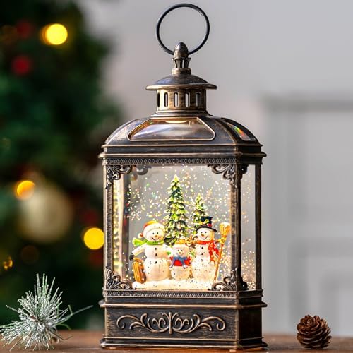 VISFLAIR Christmas Snow Globe Lantern Lighted Snowman Family Musical Water Globe with Swirling Glitter, Christmas Holiday Party Gifts and Decorations