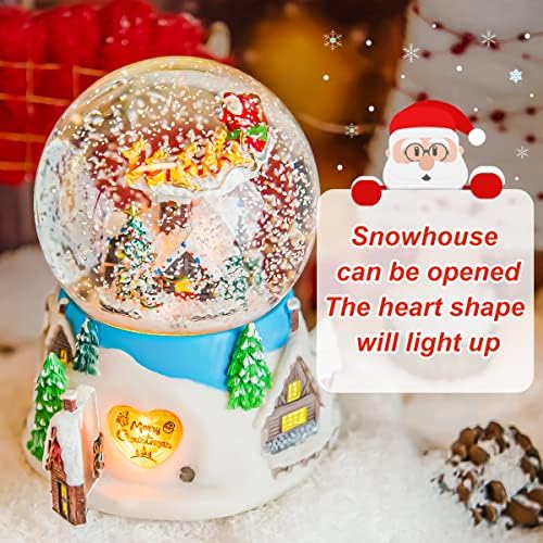Christmas Snow Globe Music Box with Santa Flying Over Village, Lighted Musical Christmas Decoration with Snowfall Glitter Effect, 14 Christmas Melodies, Holiday Tabletop Mantel Decor