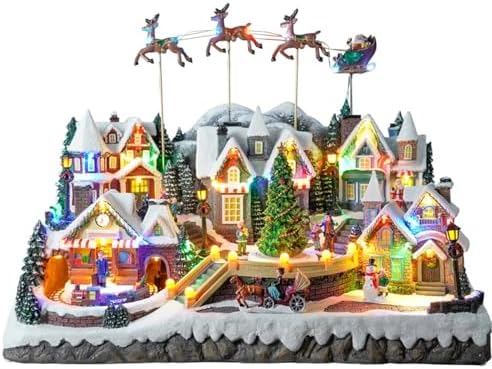 Colourful Led Lights Christmas Music, Christmas Village House, with Flying Reindeer, Rotating Christmas Tree, Moving Train, 55x32.5x43 cm