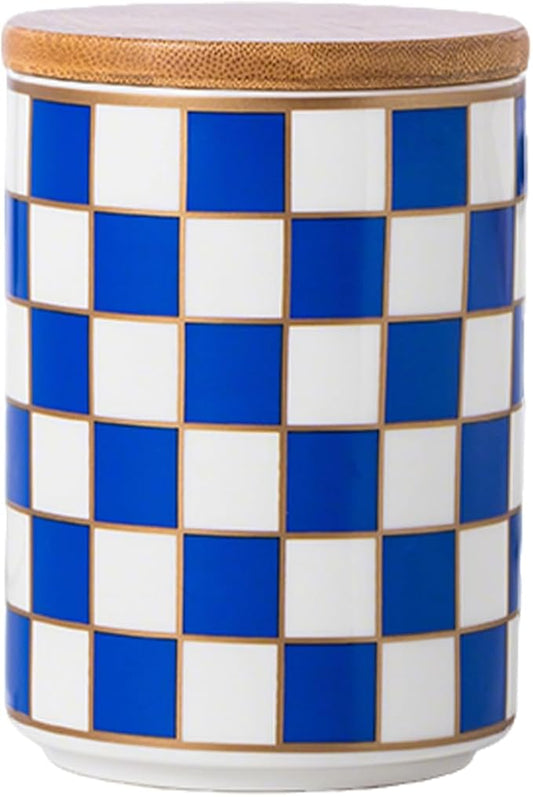 Kitchen Countertop Ceramic Checkered Canisters,Black And White Food Storage Containers With Lid,Airtight Kitchen Canisters for Flour, Sugar, Coffee, Tea, and Dry Goods (Blue, Small)