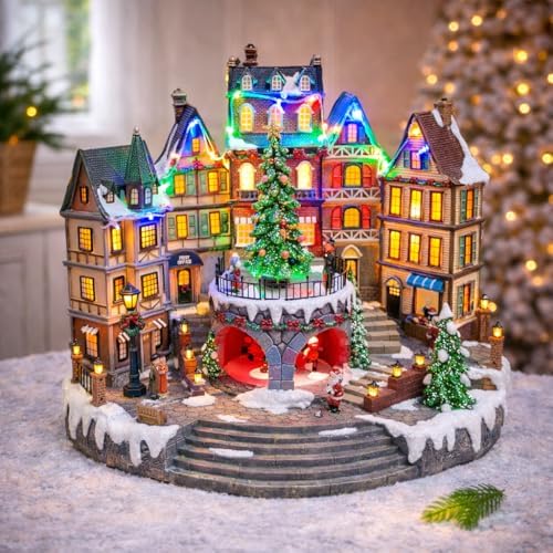 MOMENTS IN TIME Animated City Hall Town Center 12.6” Lighted Christmas Village Building with Rotating Tree, LED Lights, Music & Adapter Hand-Painted Polyresin Holiday Display Holiday Scene