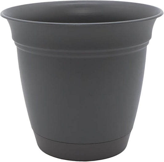 The HC Companies Eclipse Round Planter with Saucer - Outdoor & Indoor Plant Pot with Drainage Holes - Lightweight, UV-Resistant Plastic Pots for Plants, Flowers & Herbs (16" Warm Gray, Pack of 1)