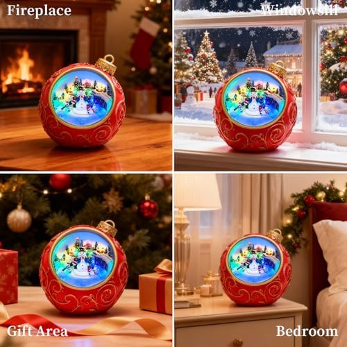 6.3" Animated Musical Christmas Village Figurines with Rotating Skiing Snowman and Lights, Auto 6H Timer and Volume Control, USB-C/Battery Powered Christmas Decorations for Table Decor Xmas Gift