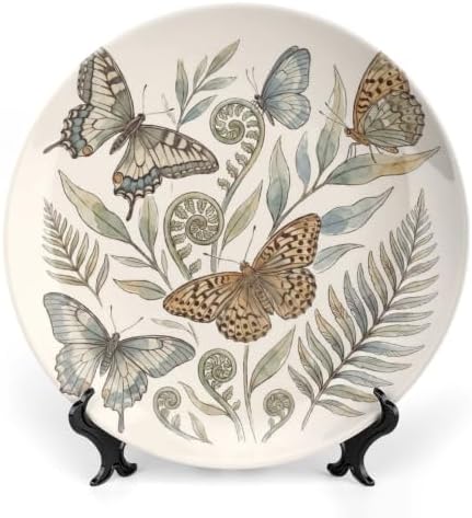 Butterflies Ferns Decorative Plates 8 Inch Botanical Decorations Plates Wall Decor with Stand Home & Office