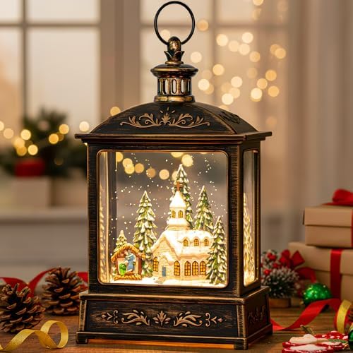 12.5'' Musical Snow Globe Lantern Lighted Church with Nativity Manger Scene Water Lantern in Swirling Glitter, Christmas Home Decoration and Gift, Battery Operated or USB Powered