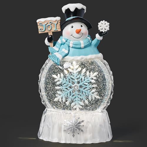 Roman 9.5" Lighted Swirl Snowman with Rotating Snowflake – LED Glitter Lantern, Holiday Tabletop Decoration, Winter Christmas Décor