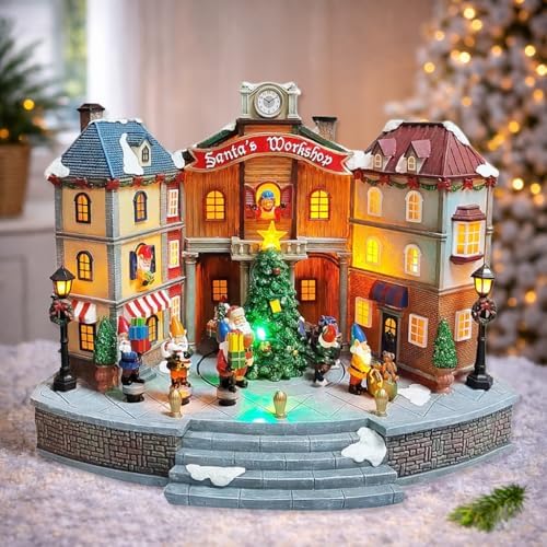 MOMENTS IN TIME Animated Santa’s Workshop Town Center 10.83” LED Lights, Moving Christmas Tree, 8 Classic Carols, Power Adapter Included Hand-Painted Polyresin Christmas Village