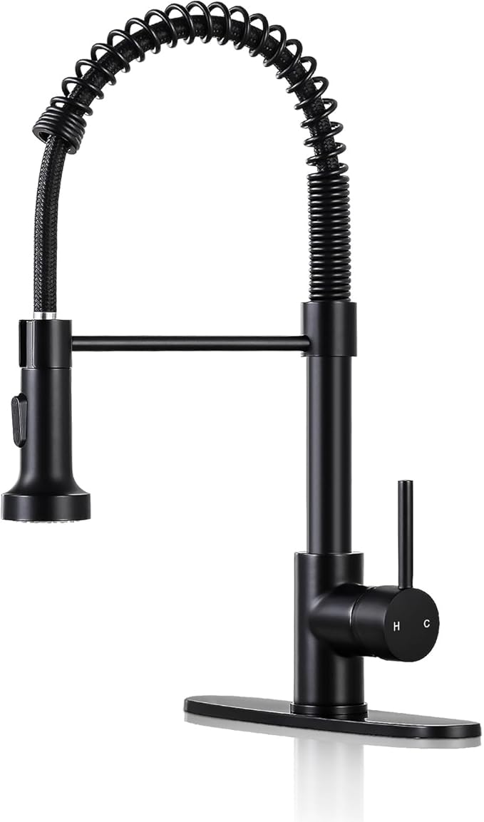DJS Kitchen Faucets with Pull Down Sprayer Single Handle 1 or 3 Holes Spring Kitchen Sink Faucet with Deck Plate for Farmhouse RV Vessel Basin (Matte Black)
