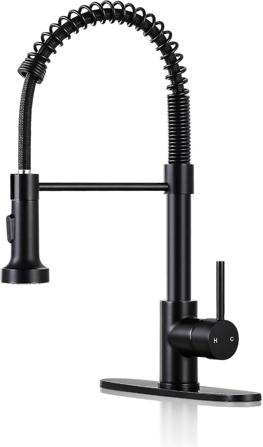 DJS Kitchen Faucets with Pull Down Sprayer Single Handle 1 or 3 Holes Spring Kitchen Sink Faucet with Deck Plate for Farmhouse RV Vessel Basin (Matte Black)