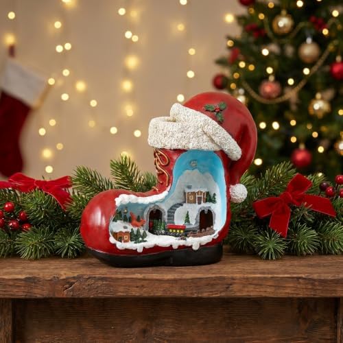 ARTIBETTER Santa Boot Music Box with Lighted Miniature Village & Rotation Train Animated Christmas Table Decoration for Living Room, Holiday Centerpiece, Gifting