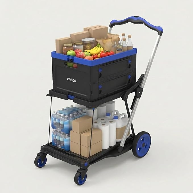 Collapsible Shopping Cart with Wheels, 2-Tier Foldable Grocery Cart with 2 Stackable Storage Crates, Foot Brake, Lower Platform, Aluminum Frame