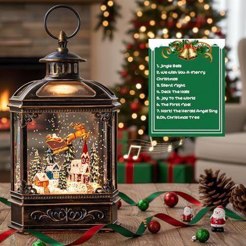 VISFLAIR Christmas Snow Globe Lighted Church & Flying Santa Scene, Musical Snow Water Lantern Swirling Glittering Home Decoration and Gift, Battery Operated or USB Powered