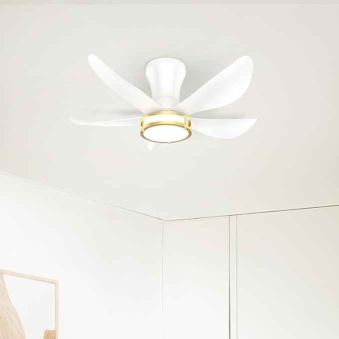 DAMINY 30 Inch White and Gold 5 Blade Ceiling Fan with Light, Modern Ceiling Fan with Remote,Large Airflow,Flush Mount,6CCT,Dimmable,Noiseless,Bedroom