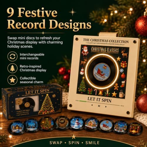 Christmas Mini Vinyl Player with 9 Records, NFC Fridge Magnet (L1PC)