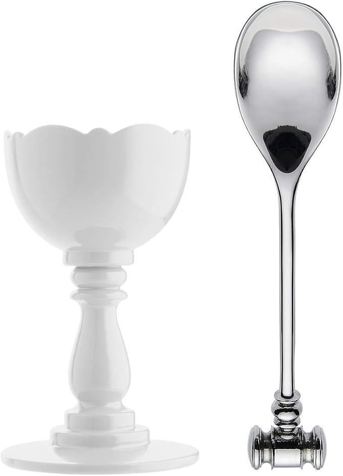 Alessi Dressed Egg Cup in Thermoplastic Resin and Spoon with Soft Boiled Egg Opener in 18/10 Stainless Steel Mirror Polished, White