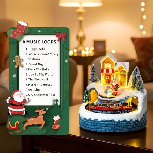 ZQQLITE Animated Collection Figurines Musical Santa Clau Christmas Village Houses with Rotating Train, Lighted Christmas Collection Figurines for Home Tabletop Decorations Ornaments Gifts