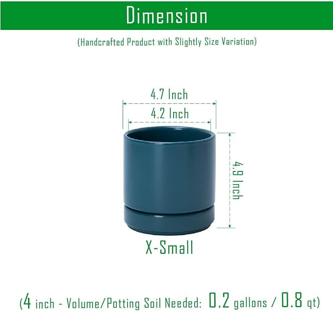 D'vine Dev 4.7 Inch Ceramic Planter Pot, Teal, 94-O-B-9 | Modern Cylinder Design, Drainage Hole & Saucer Included, Stable Structure, Elegant Home Accent