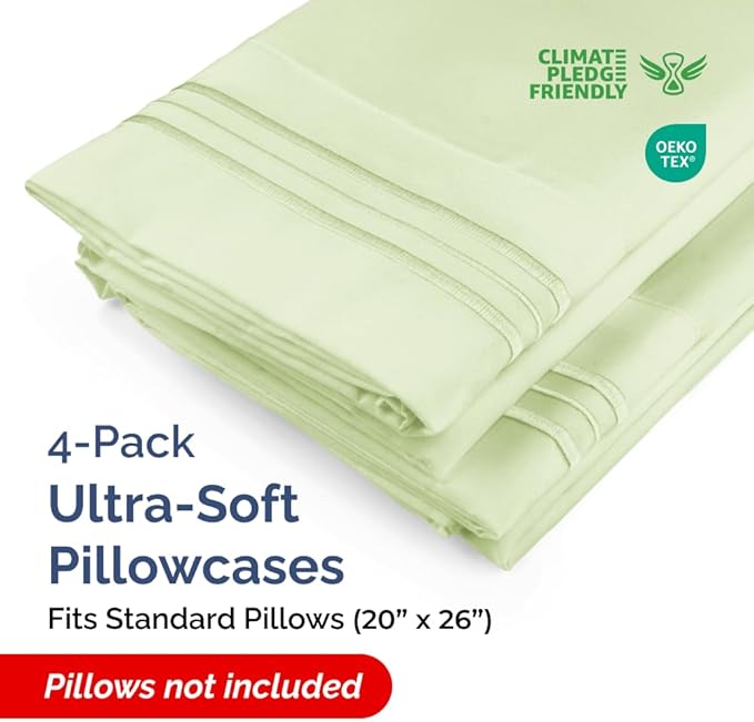 Standard Pillow Cases Set of 4 - Soft Hotel Quality Pillowcase Covers - Comfy Bedding for Women, Men, Kids & Teens - Machine Washable Pillow Protectors - 4 Piece Set - Standard Size Light Sage Green