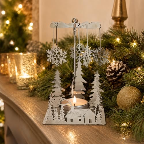 Holiday Cabin Candle Spinner, Silver Plated Christmas Tea Light Holder with Laser Cut Cabin, Trees & Snowflake Charms, 5 Inch Spinning Winter Scene Candle Decor for Mantel Table Centerpiece