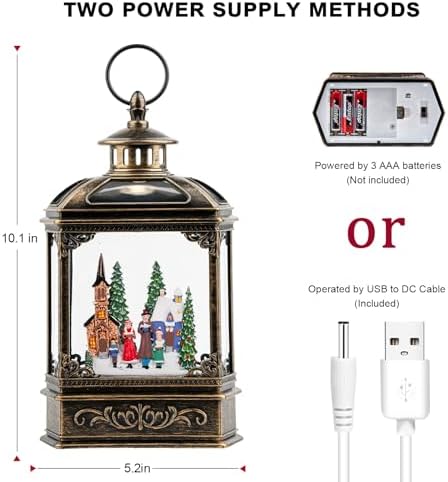 VISFLAIR Musical Snow Globe Lantern Lighted Church Carolers Christmas Village Snow Water Lantern Swirling Glittering Home Decoration and Gift, Battery Operated or USB Powered