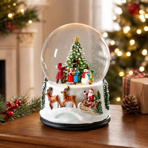 Lighted Christmas Snow Globe with Music & Timer, Santa Sleigh & Carolers Scene, Swirling Water Glitter Globe, Traditional Holiday Tabletop Centerpiece Decoration