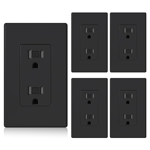 ELEGRP Matte Black Tamper Resistant Decorator Wall Receptacle Outlet, 15A 125V Electrical Outlet, Residential Grade, Self-grounding, Screwless Wall Plate Included, UL Listed, 5 Pack