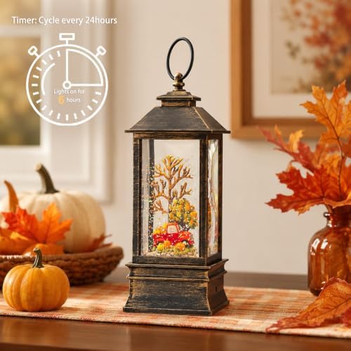 10'' Fall Snow Globe Lantern, Thanksgiving Lighted Lantern, Swirling Glitter Snow Globe for Fall Harvest Day Decorations, Home Fall Decor Gift (Truck&Pumpkins)