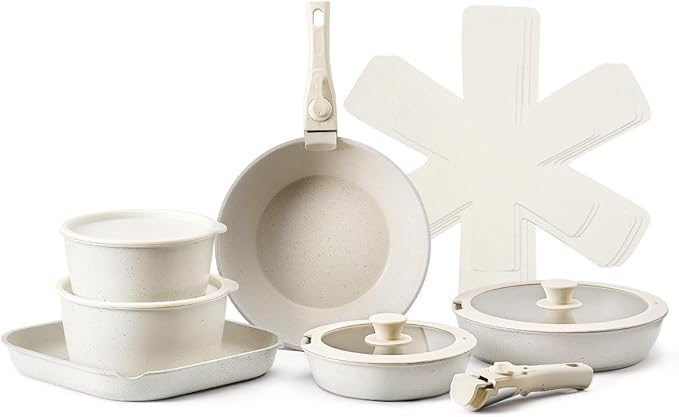 VEVOR 17 Piece Pots and Pans Set Nonstick, Detachable Handle Cookware, Space Saving Induction cookware set, Kitchen RV Cooking Sets, with Frying, Sauce, Saute, Tempered Glass Lids, Oven Safe, White