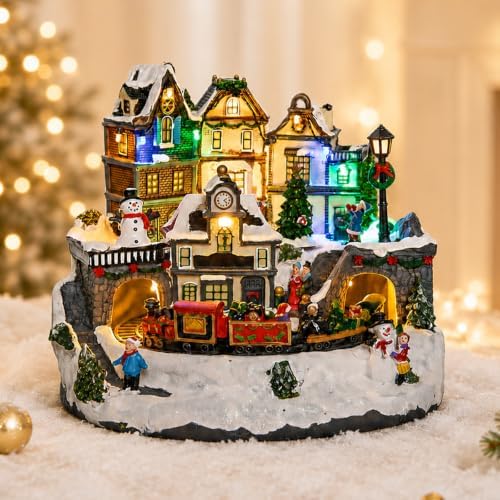 MUMTOP Christmas Houses, Light Up Christmas Village with Train and Music