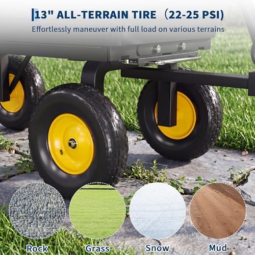 Heavy-Duty 1200 lb Poly Garden Dump Cart with 180° Adjustable Handle, Quick-Release Dump & All-Terrain Utility Wagon – Black Bucket with Yellow Rims