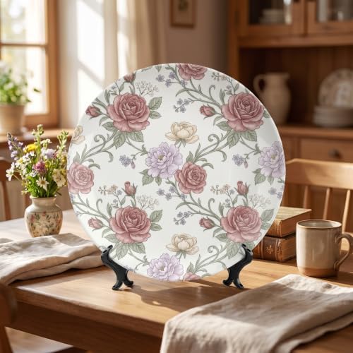 Rose Decorative Plates 10 Inch Botanical Floral Summer Wall Art Plates with Stand Home & Office