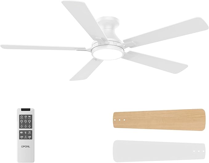 OPONL 52 Inch White Ceiling Fan with Light, Remote Control, Low Profile, Noiseless, Reversible, Dimmable, Timeable, Metal Housing, Flush Mount Ceiling Fans with Lights for Bedroom, Indoor/Outdoor Use