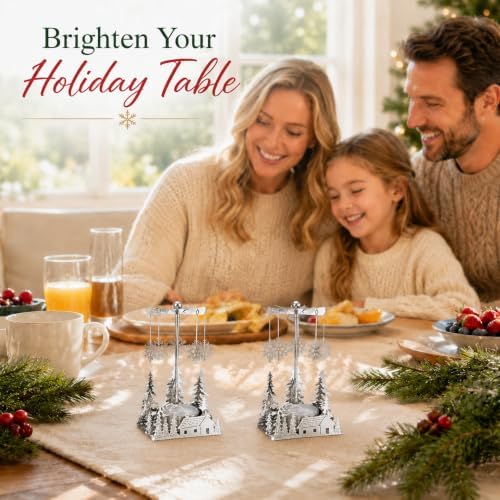 Winter Cabin Holiday Silver Candle Spinners Set of 2 – Silver Plated Laser Cut Christmas Cabin Scene Tea Light Candle Holders with Snowflake Charms – 5" Holiday Tabletop Décor